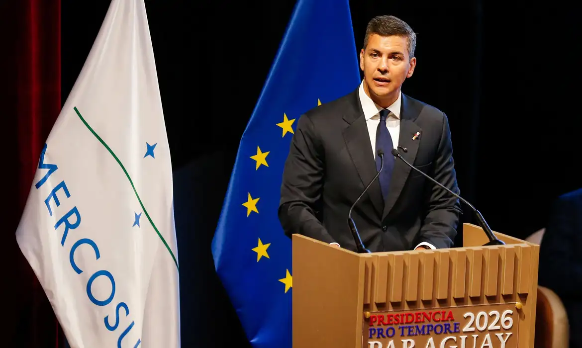 Paraguay's President Santiago Pena delivers a speech, on the day authorities of the European Union and the South American bloc Mercosur sign a free trade agreement, ending more than 25 years of negotiations, in Asuncion, Paraguay, January 17, 2026. REUTERS/Cesar Olmedo