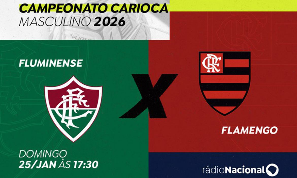 Brasília (DF), 23/01/2026 - A Rádio Nacional transmite, neste domingo (25), o primeiro Fla-Flu do ano pelo Campeonato Carioca 2026. A jornada esportiva da emissora para Fluminense x Flamengo tem início às 17h30 e a bola rola às 18h, direto do Maracanã, no Rio de Janeiro. Arte/Agência Brasil