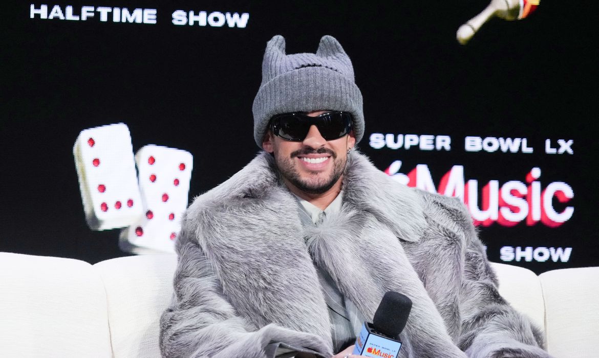 Feb 5, 2026; San Francisco, CA, USA; Bad Bunny during the Super Bowl LX halftime show press conference at Moscone Center. Mandatory Credit: Kirby Lee-Imagn Images