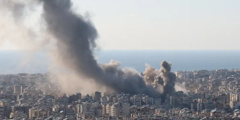Smoke and dust rise after an Israeli strike on Beirut's southern suburbs, following an escalation between Hezbollah and Israel amid the U.S.-Israeli conflict with Iran, Lebanon, March 2, 2026. REUTERS/Mohamed Azakir