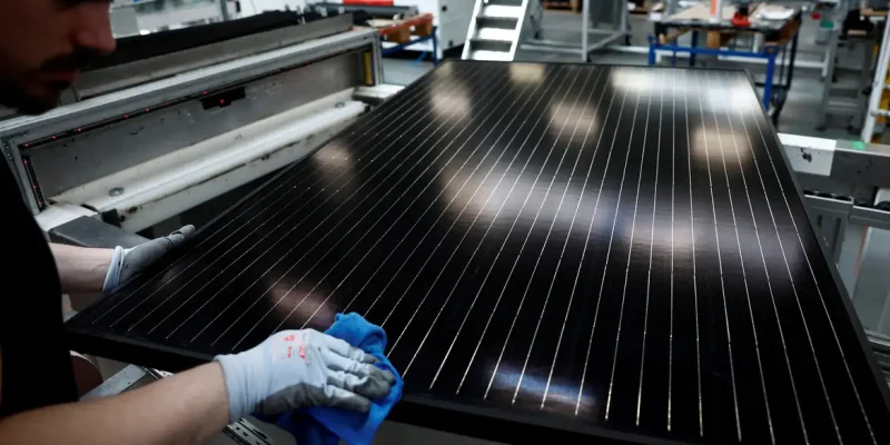 FILE PHOTO: An employee works on a solar panel production line at the Systovi factory in Carquefou near Nantes, France, March 29, 2024. REUTERS/Stephane Mahe/File Photo