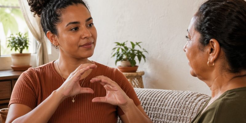 Uma mulher jovem sinaliza com as mãos enquanto conversa com uma mulher mais velha sentada ao seu lado em um sofá.
