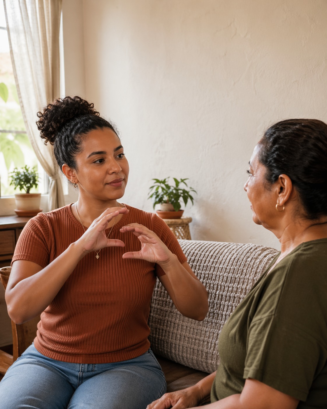 Uma mulher jovem sinaliza com as mãos enquanto conversa com uma mulher mais velha sentada ao seu lado em um sofá.
