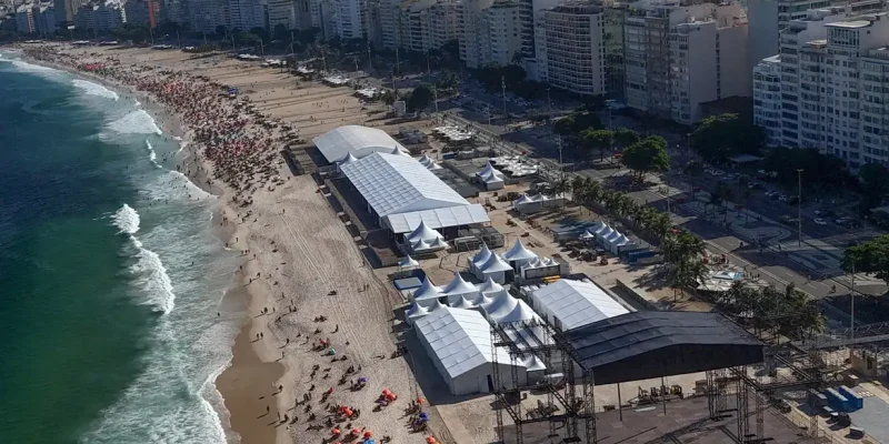 A drone view of stage preparations on Copacabana beach ahead of Colombian singer Shakira's open concert on May 2, in Rio de Janeiro, Brazil, April 19, 2026. REUTERS/Pilar Olivares