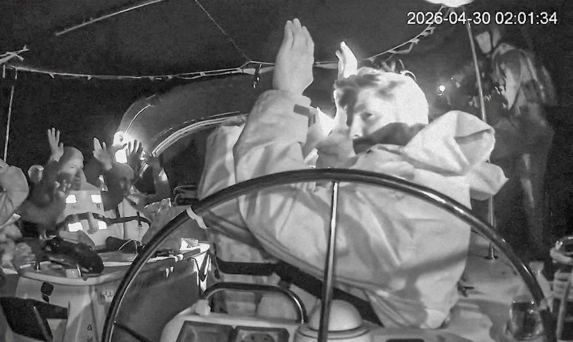 Attention Editors: This image has been cropped by Reuters to enhance quality, and an uncropped version has been provided separately.

CCTV footage shows crew members of the second flotilla that sailed from the Spanish port of Barcelona, carrying humanitarian aid to Palestinians in Gaza, raise their arms as the vessel is said to be intercepted by the Israeli Army, at a location given as at sea off the coast of Greece, April 30, 2026, in this screengrab taken from a handout video. Global Sumud Flotilla/Handout via REUTERS    THIS IMAGE HAS BEEN SUPPLIED BY A THIRD PARTY. NO RESALES. NO ARCHIVES. MANDATORY CREDIT. TEXT AND OVERLAYS FROM SOURCE.


VERIFICATION - 
Location not verified but Global Sumud Flotilla's vessel tracker website shows vessels were intercepted at sea offcoast Greece
Date confirmed from the timestamp of the CCTV footage
Israel has begun taking control of aid ships bound for Gaza far from Israeli shores, Israeli army radio cited an Israeli source as saying on Wednesday
Global Sumud Flotilla confirmed in a statement that their vessels were intercepted by Israeli forces on Wednesday