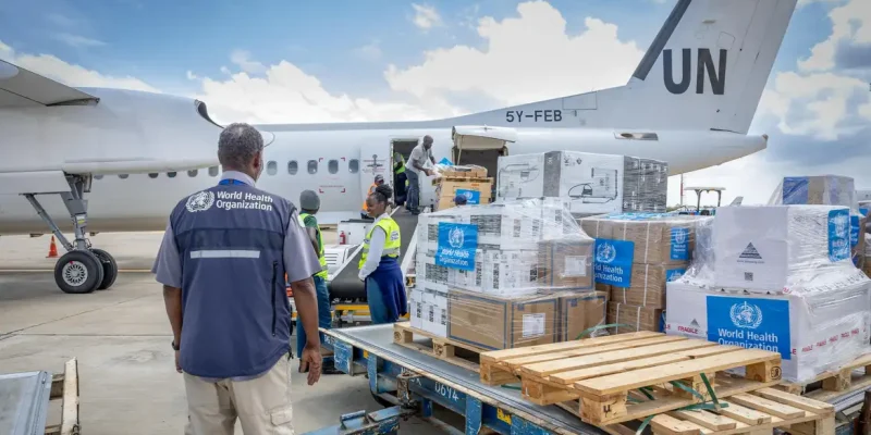 World Health Organization's (WHO) workers mobilise 4.7 tonnes of essential medical supplies and emergency kits to support the affected regions in response to the Ebola outbreak in the Democratic Republic of Congo from the Jomo Kenyatta International Airport (JKIA) in Nairobi, Kenya May 18, 2026.  World Health Organization/Handout via REUTERS THIS IMAGE HAS BEEN SUPPLIED BY A THIRD PARTY