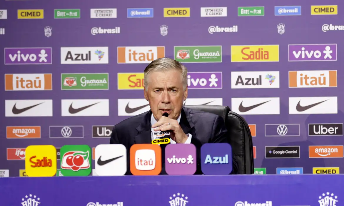 Soccer Football - FIFA World Cup 2026 - Brazil coach Carlo Ancelotti speaks to media ahead of the World Cup - Museu do Amanha, Rio de Janeiro, Brazil - May 18, 2026 Brazil coach Carlo Ancelotti during the press conference REUTERS/Ricardo Moraes
