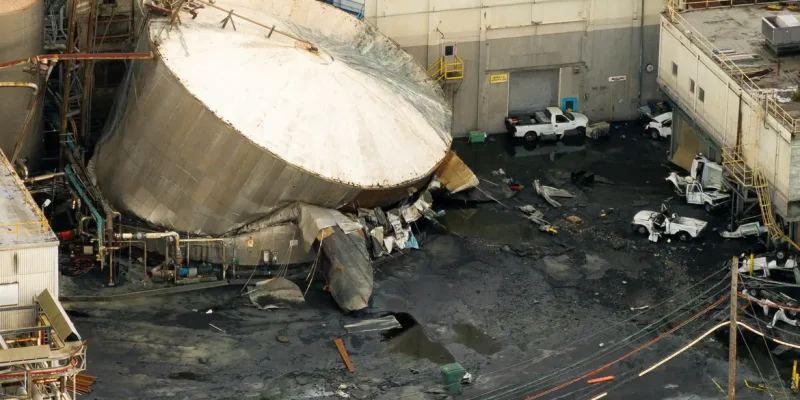 A drone view of a chemical tank after its rupture at the Nippon Dynawave Packaging pulp and paper mill in Longview, Washington, U.S., May 26, 2026. REUTERS/David Ryder     TPX IMAGES OF THE DAY
