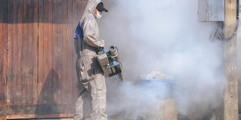 Homem aplicando o fumacê no combate à dengue