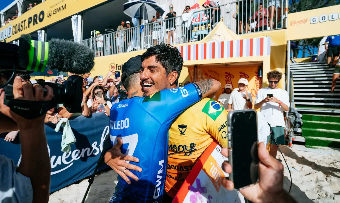 GOLD COAST, QUEENSLAND, AUSTRALIA - MAY 3: Three-time WSL Champion Gabriel Medina of Brazil and Two-time WSL Champion Filipe Toledo of Brazil after surfing in Heat 7 of Round Three at the Bonsoy Gold Coast Pro on May 3, 2026 at Gold Coast, Queensland, Australia. (Photo by Andrew Shield/World Surf League)
