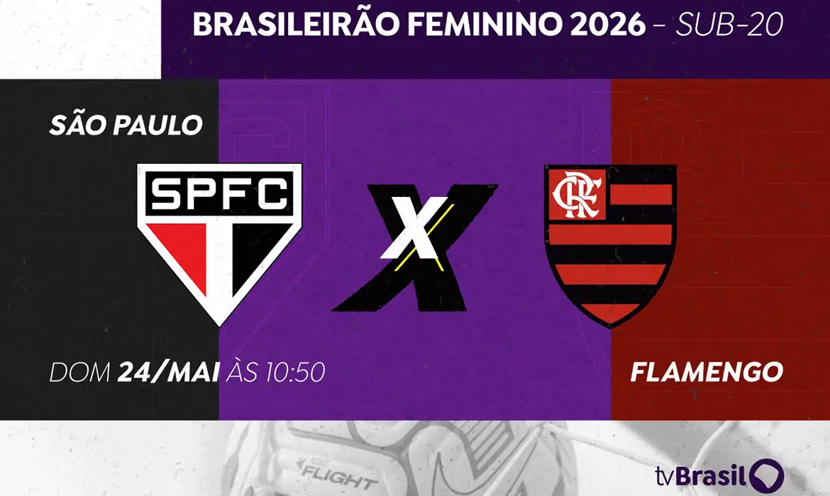 Brasília (DF), 22/05/2026 - TV Brasil transmite final do Brasileirão Feminino Sub-20 entre São Paulo e Flamengo. Arte/EBC