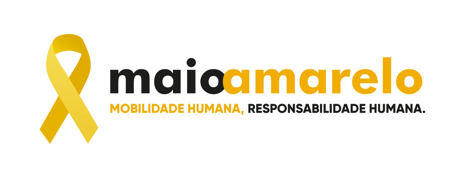Logotipo da campanha Maio Amarelo composto por um laço amarelo à esquerda e o texto