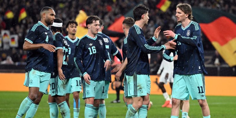 Soccer, Men: International matches, Germany - Ghana, MHPArena, Jonathan Tah (Germany), Kai Havertz (Germany), Angelo Stiller (Germany), Florian Wirtz (Germany) and Nick Woltemade (Germany) celebrate the 1:0 goal.