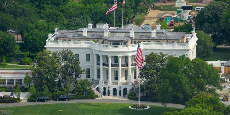 Aerial view from the top of the Washington Monument of the White House in Washington, D.C., U.S., May 2, 2026. REUTERS/Ken Cedeno