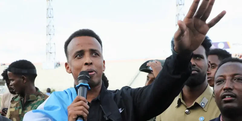 FILE PHOTO: Somali referee Omar Abdulkadir Artan, who was expected to officiate at matches during the 2026 FIFA World Cup but was denied entry to U.S., addresses fans at the Mogadishu stadium, in Mogadishu, Somalia, June 10, 2026 REUTERS/Feisal Omar/File Photo