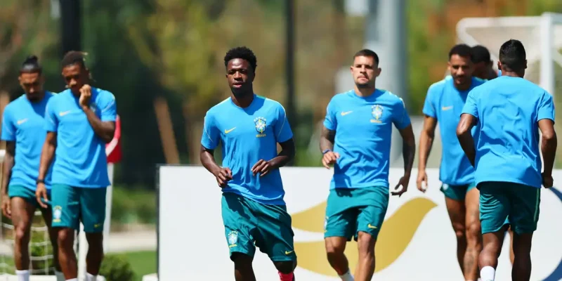 Soccer Football - FIFA World Cup 2026 - Brazil Training - Columbia Park Training Facility, Morristown, New Jersey, U.S. - June 12, 2026 Brazil's Vinicius Junior and teammates during training IMAGN IMAGES via Reuters/Caean Couto