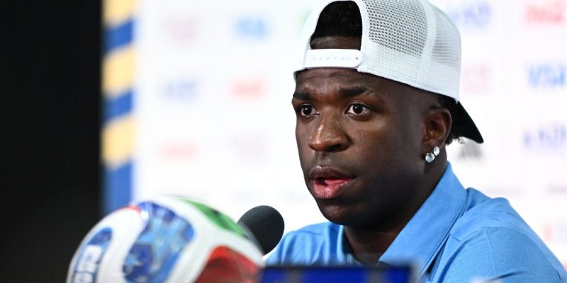 Soccer Football - FIFA World Cup 2026 - Brazil Press Conference - New York/New Jersey Stadium, East Rutherford, New Jersey, U.S. - June 12, 2026 Brazil's Vinicius Junior during the press conference REUTERS/Dylan Martinez