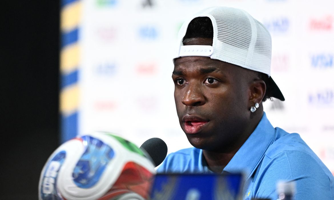 Soccer Football - FIFA World Cup 2026 - Brazil Press Conference - New York/New Jersey Stadium, East Rutherford, New Jersey, U.S. - June 12, 2026 Brazil's Vinicius Junior during the press conference REUTERS/Dylan Martinez