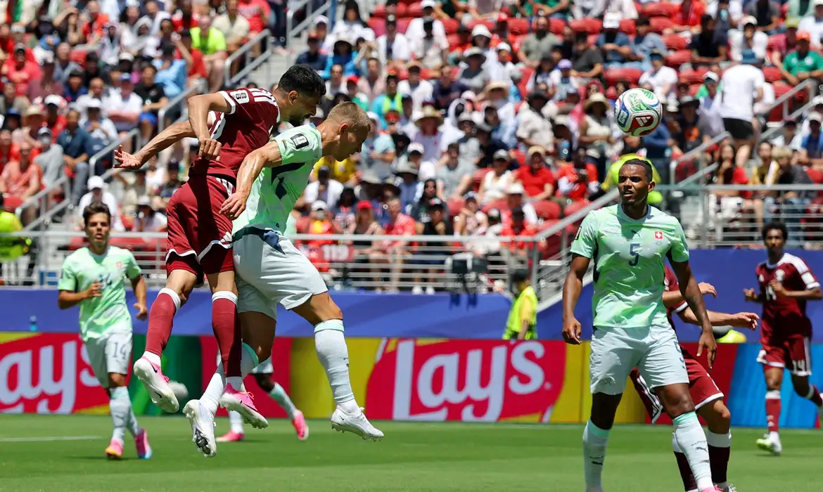Soccer Football - FIFA World Cup 2026 - Group B - Qatar v Switzerland - San Francisco Bay Area Stadium, Santa Clara, California, U.S. - June 13, 2026 Qatar's Boualem Khoukhi scores their first goal REUTERS/Carlos Barria     TPX IMAGES OF THE DAY