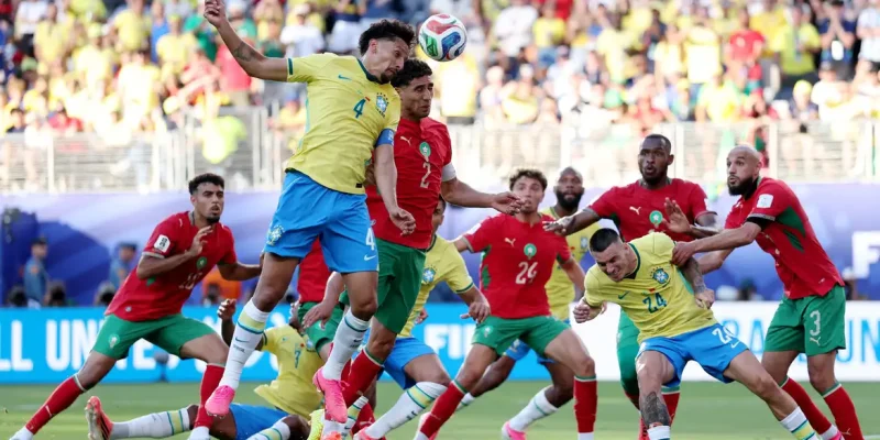 Soccer Football - FIFA World Cup 2026 - Group C - Brazil v Morocco - New York/New Jersey Stadium, East Rutherford, New Jersey, U.S. - June 13, 2026 Brazil's Marquinhos in action with Morocco's Achraf Hakimi REUTERS/John Sibley