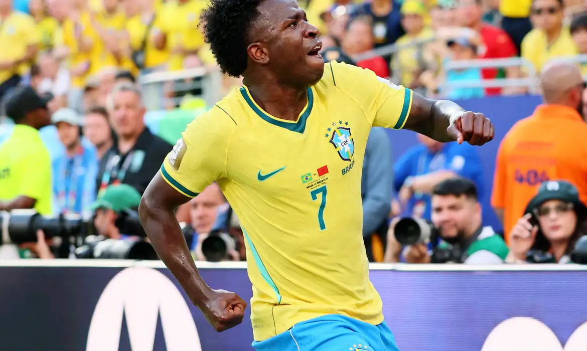 Soccer Football - FIFA World Cup 2026 - Group C - Brazil v Morocco - New York/New Jersey Stadium, East Rutherford, New Jersey, U.S. - June 13, 2026 Brazil's Vinicius Junior reacts IMAGN IMAGES via Reuters/Caean Couto