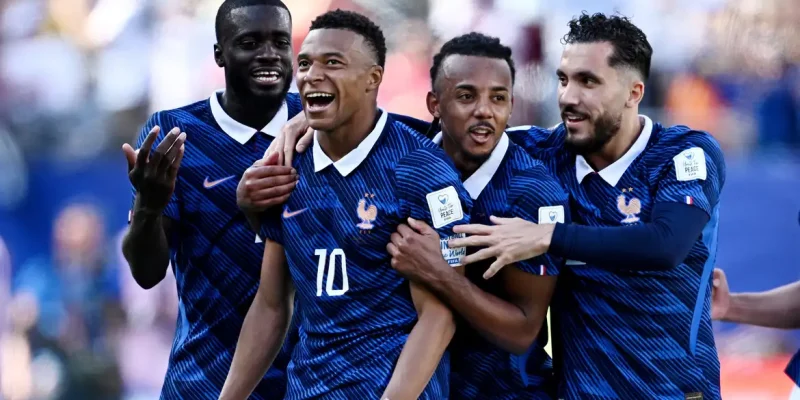 Soccer Football - FIFA World Cup 2026 - Group I - France v Senegal - New York/New Jersey Stadium, East Rutherford, New Jersey, U.S. - June 16, 2026 France's Kylian Mbappe celebrates scoring their third goal with Dayot Upamecano, Jules Kounde and Rayan Cherki REUTERS/Dylan Martinez     TPX IMAGES OF THE DAY