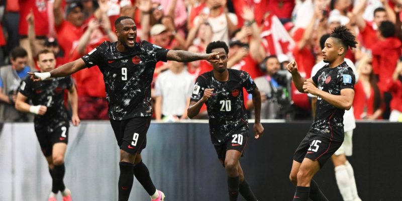 Soccer Football - FIFA World Cup 2026 - Group B - Canada v Qatar - BC Place, Vancouver, Canada - June 18, 2026 Canada's Nathan Saliba celebrates scoring their fourth goal with Cyle Larin and Ali Ahmed IMAGN IMAGES via Reuters/Anne-Marie Sorvin