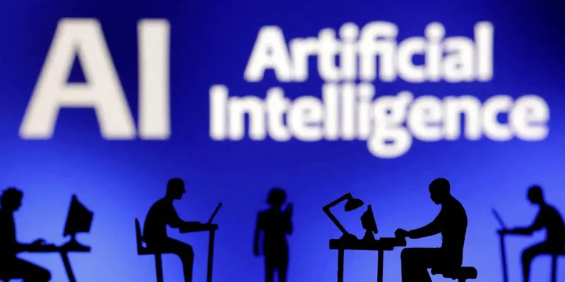 Bonecos com computadores e smartphones são vistos em frente às palavras “Inteligência Artificial IA” nesta ilustração tirada em 19 de fevereiro de 2024. REUTERS/Dado Ruvic/Ilustração/Foto de arquivo