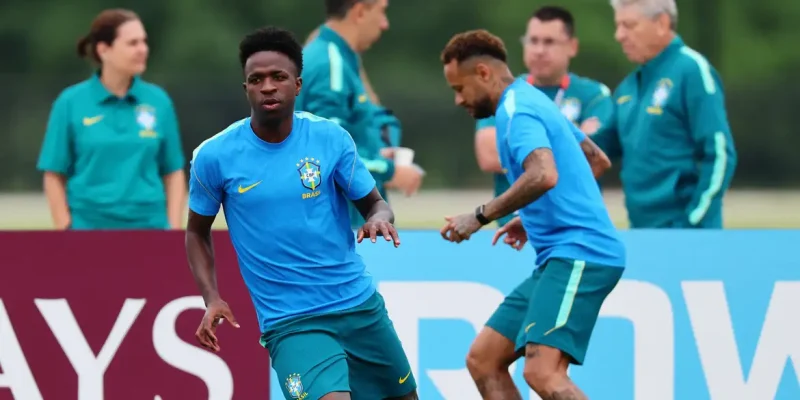 Soccer Football - FIFA World Cup 2026 - Brazil Training - Columbia Park Training Facility, Morristown, New Jersey, U.S. - June 23, 2026  Brazil's Vinicius Junior and Neymar Jr. during training IMAGN IMAGES via Reuters/Vincent Carchietta