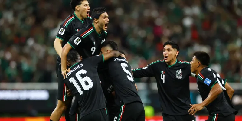 Soccer Football - FIFA World Cup 2026 - Group A - Mexico v South Korea - Estadio Guadalajara, Guadalajara, Mexico - June 18, 2026 Mexico's Luis Romo celebrates scoring their first goal with Jorge Sanchez, Raul Jimenez, Julian Quinones, Johan Vasquez, Edson Alvarez and Jesus Gallardo REUTERS/Daniel Becerril