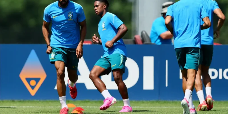 Soccer Football - FIFA World Cup 2026 - Brazil Training - Columbia Park Training Facility, Morristown, New Jersey, U.S. - June 12, 2026 Brazil's Bremer and teammates during training IMAGN IMAGES via Reuters/Caean Couto