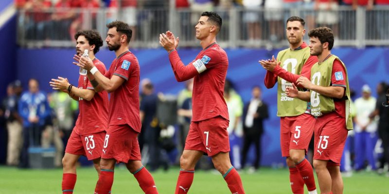 Soccer Football - FIFA World Cup 2026 - Group K - Portugal v Uzbekistan - Houston Stadium, Houston, Texas, U.S. - June 23, 2026 Portugal's Cristiano Ronaldo, Bruno Fernandes, Vitinha, Joao Neves and Diogo Dalot celebrate after the match IMAGN IMAGES via Reuters/Troy Taormina