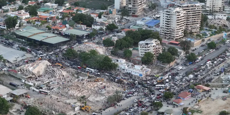 A drone view shows buildings destroyed by earthquakes, in La Guaira, Venezuela, June 26, 2026. Handout via REUTERS ATTENTION EDITORS - THIS IMAGE HAS BEEN SUPPLIED BY A THIRD PARTY NO RESALES. NO ARCHIVES