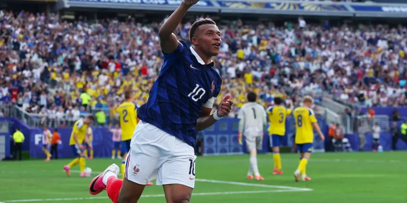 Soccer Football - FIFA World Cup 2026 - Round of 32 - France v Sweden - New York New Jersey Stadium, East Rutherford, New Jersey, U.S. - June 30, 2026 France's Kylian Mbappe celebrates scoring their third goal IMAGN IMAGES via Reuters/Vincent Carchietta
