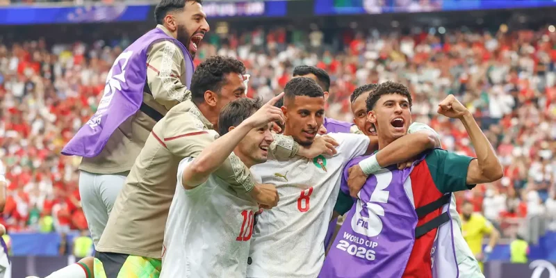 Soccer Football - FIFA World Cup 2026 - Round of 16 - Canada v Morocco - Houston Stadium, Houston, Texas, U.S. - July 4, 2026
Morocco's Azzedine Ounahi celebrates scoring their second goal with teammates REUTERS/Hannah Mckay