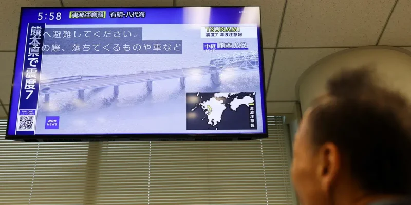 Tela de televisão exibindo imagens de uma ponte desabada após um terremoto com magnitude preliminar de 7,1 ter atingido a província de Kumamoto, no sul do Japão, em Tóquio, Japão, em 28 de julho de 2026
REUTERS/Issei Kato