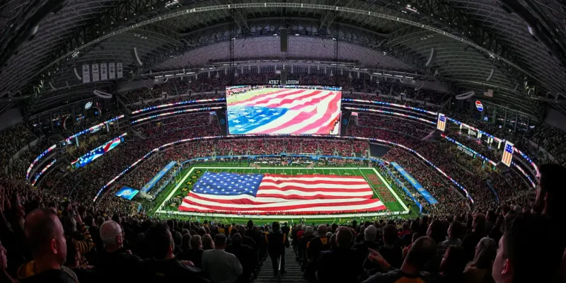 Vista do campo, da bandeira dos EUA e dos torcedores durante a execução do hino nacional antes de jogo no AT&T Stadium 
29 de dezembro de 2023 
Jerome Miron-USA TODAY Sports