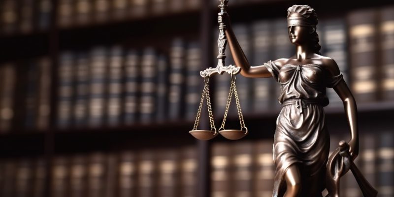 Imagem, em primeiro plano, da deusa da Justiça, segurando uma balança, e ao fundo, uma estande de livros jurídicos.