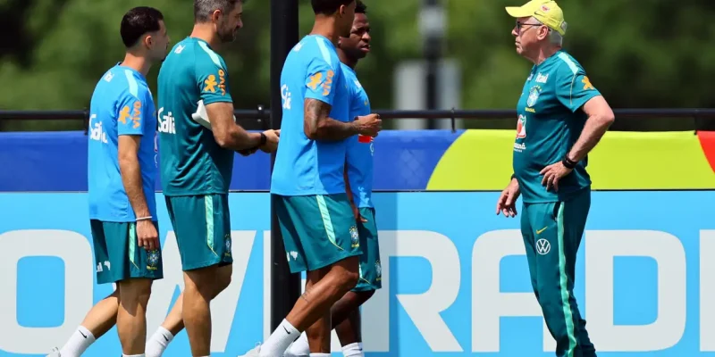Soccer Football - FIFA World Cup 2026 - Brazil Training - Columbia Park Training Facility, Morristown, New Jersey, U.S. - June 30, 2026 Brazil coach Carlo Ancelotti, Vinicius Junior and teammates during training IMAGN IMAGES via Reuters/Caean Couto