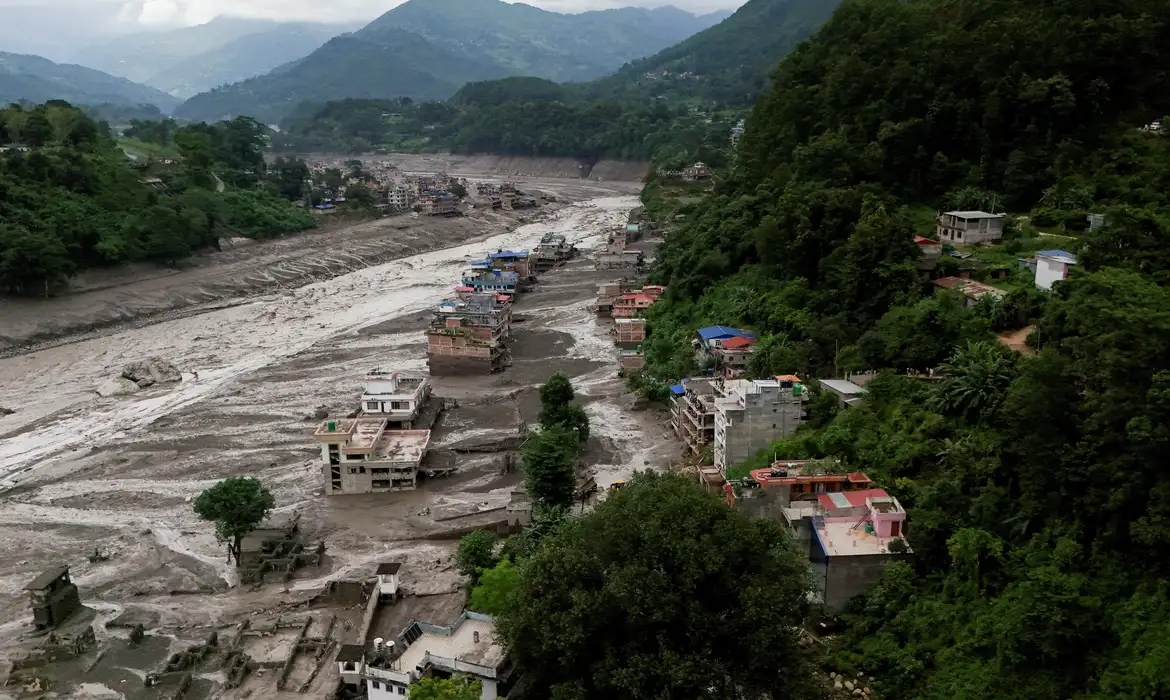 A drove view of mud covered properties following a flash flood at Trishuli in Nuwakot district, Nepal, August 26, 2026. REUTERS/Navesh Chitrakar