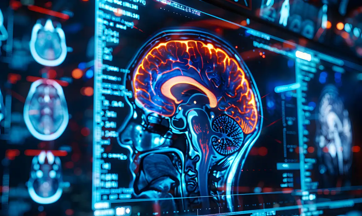 Exame de ressonância magnética de um cérebro afetado por um Acidente Vascular Cerebral, mostrando áreas de isquemia e hemorragia. Foto NeuroGraphix Studio/ AdobeStock