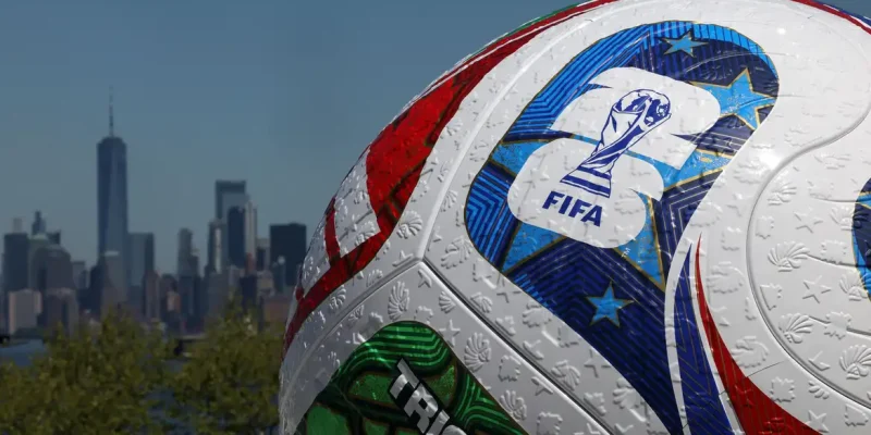 FILE PHOTO: A blow up soccer ball of the Trionda, the official match ball of the FIFA World Cup 2026, stands during a press conference announcing an official fan zone for the area in New York City, U.S., April 27, 2026. REUTERS/Shannon Stapleton/File Photo