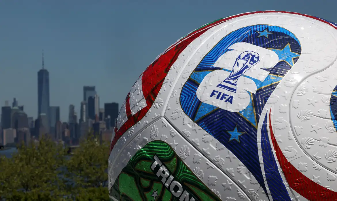 FILE PHOTO: A blow up soccer ball of the Trionda, the official match ball of the FIFA World Cup 2026, stands during a press conference announcing an official fan zone for the area in New York City, U.S., April 27, 2026. REUTERS/Shannon Stapleton/File Photo