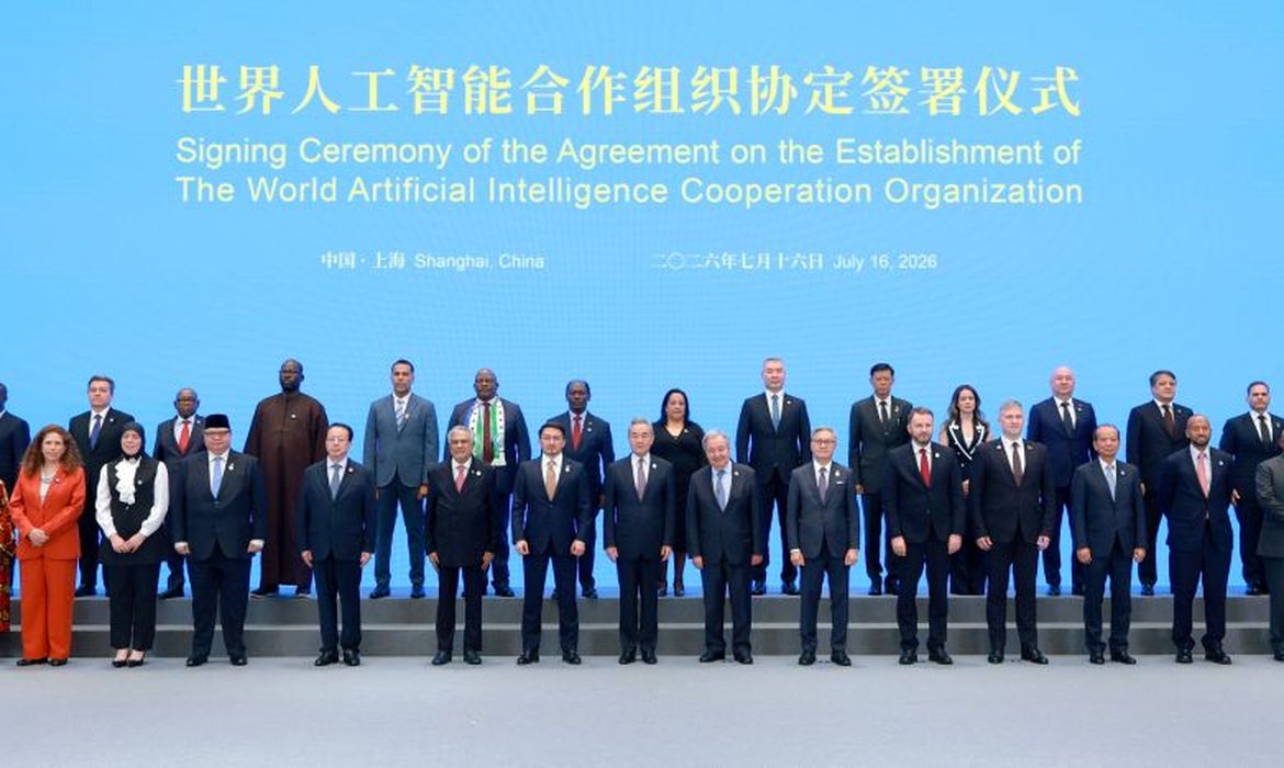 Signing ceremony of the agreement establishing the World Artificial Intelligence Cooperation Organization. Shanghai, 16 July 2026. Foto: Divulgação