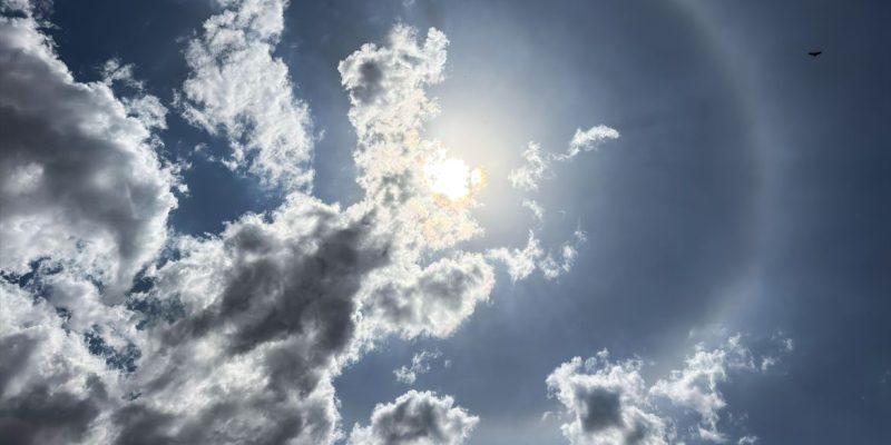 25/08/2026 - Brasília - Um halo de 22° circunda o Sol no céu de Brasília. O fenômeno óptico é formado pela refração da luz solar em cristais de gelo presentes em nuvens de grande altitude, criando um enorme anel luminoso ao redor do Sol. Foto: Rafa Neddermeyer/ Agência Brasil