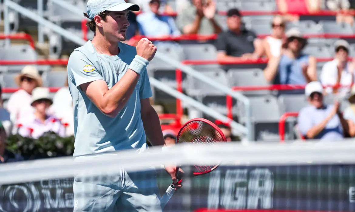Aug 5, 2026; Montreal, QC, Canada; Joao Fonseca (BRA) reacts after scoring a point against Stefanos Tsitsipas (GRE) in second round play at IGA Stadium. Mandatory Credit: David Kirouac-Imagn Images