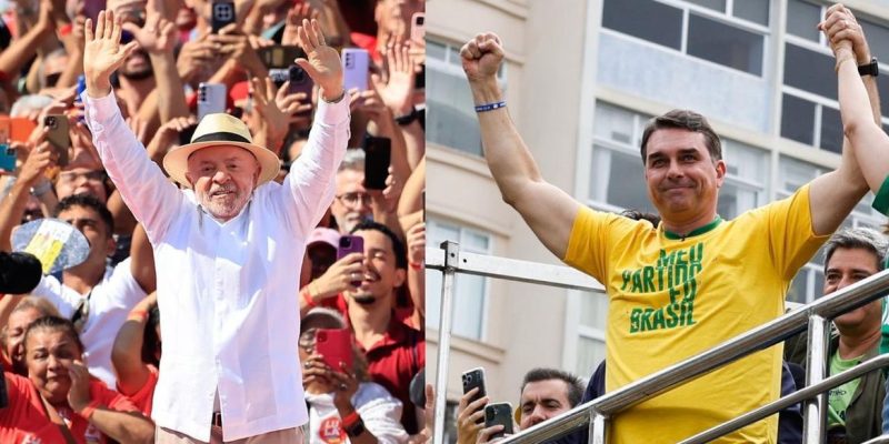 Presidente Luiz Inácio Lula da Silva e o Senador Flávio Bonsonaro no primeiro dia de campanha. Fotos: Paulo Pinto e Fernando Frazão/ Agência Brasil