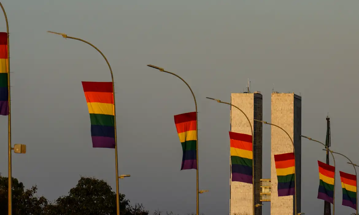 25/07/2026 - Brasília - Bandeira LGBTQIA+ são colocadas em postes de luz para 27ª Parada LGBTQIAPN+ de Brasília, na Esplanada dos Ministérios. Foto: Rafa Neddermeyer/Agência Brasil