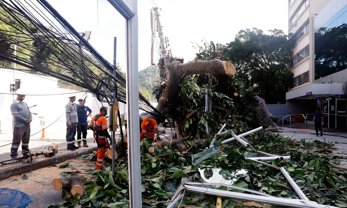 Rio de Janeiro (RJ), 30/07/2026 - Estragos provocados pelos fortes ventos que atingiram a cidade  na tarde desta quarta-feira (29). Árvore caí em frente ao Hospital Pró-Cardíaco, em Botafogo, destruindo portão e fiação Foto: Tânia Rêgo/Agência Brasil